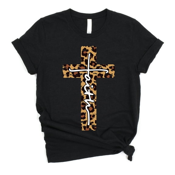Love in Faith | Faith Cross Short Sleeve | Black Leopard | Christian T-Shirts for Women | Faith Based Apparel |Christian Gifts
