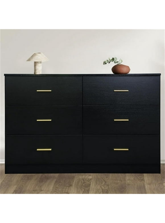 Hommoo Modern Wooden Wide 6 Drawer Dresser for Bedroom Nursery, Storage Storage Cabinet With Gold Handle, Black