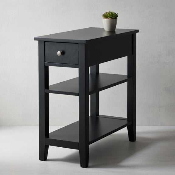 Resenkos Nightstand,Coffee Side Table,3-Tier Nightstand Bedside Table Sofa Side with Double Shelves Drawer-Black