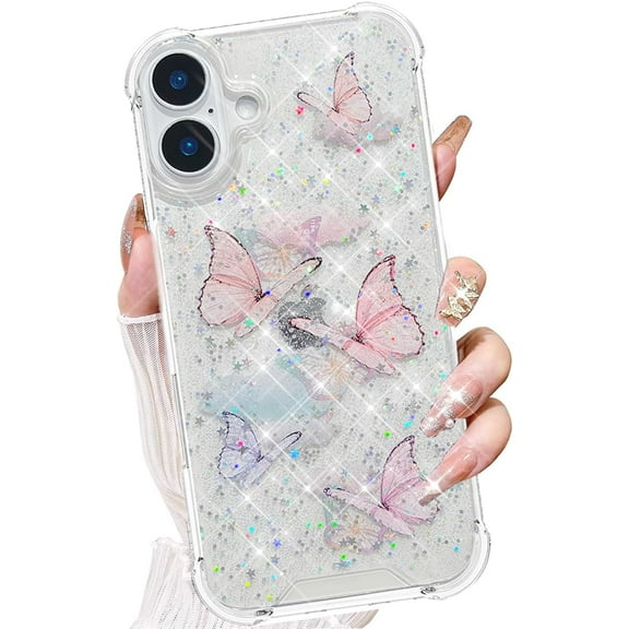 For iPhone 16 6.1" Glitter Case with Pink Butterfly, Shockproof Protective Phone Cover Women Girls Soft Flexible TPU Stars Sparkle Glitter Anti-Scratch Bling Case for iPhone 16 6.1 inch, Pink