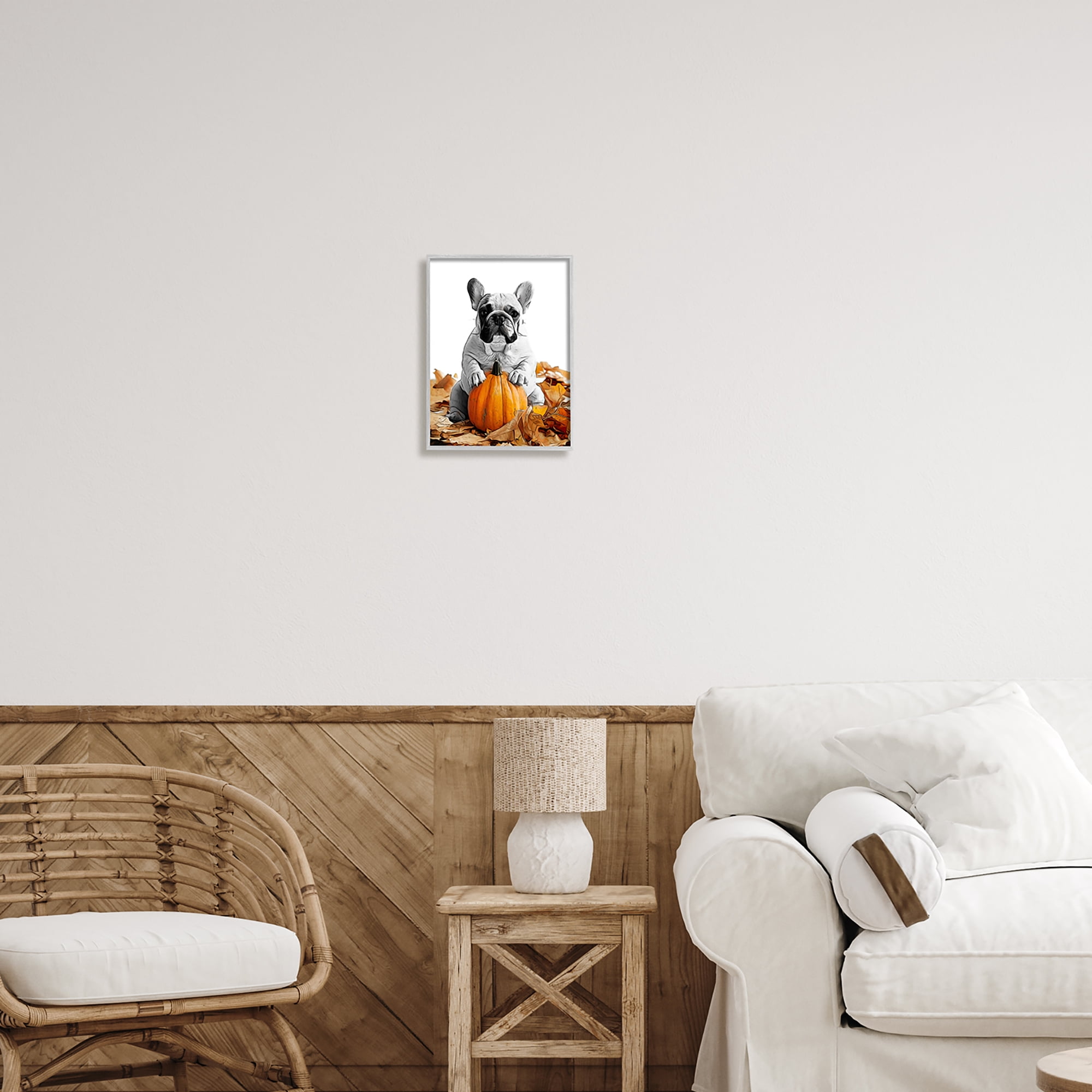 Stupell Industries Puppy with Fall Pumpkin Holiday Painting Gray Framed Art Print Wall Art, 11 x 14