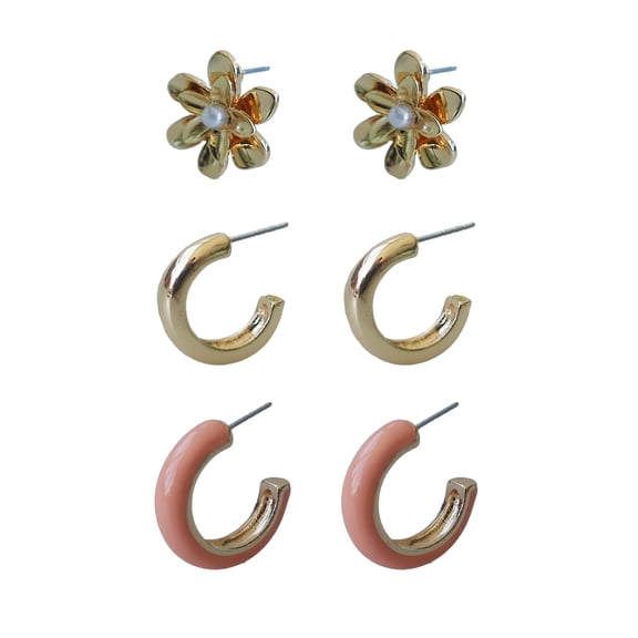 Time and Tru Women's Metal Gold Plated Trio Earring Set