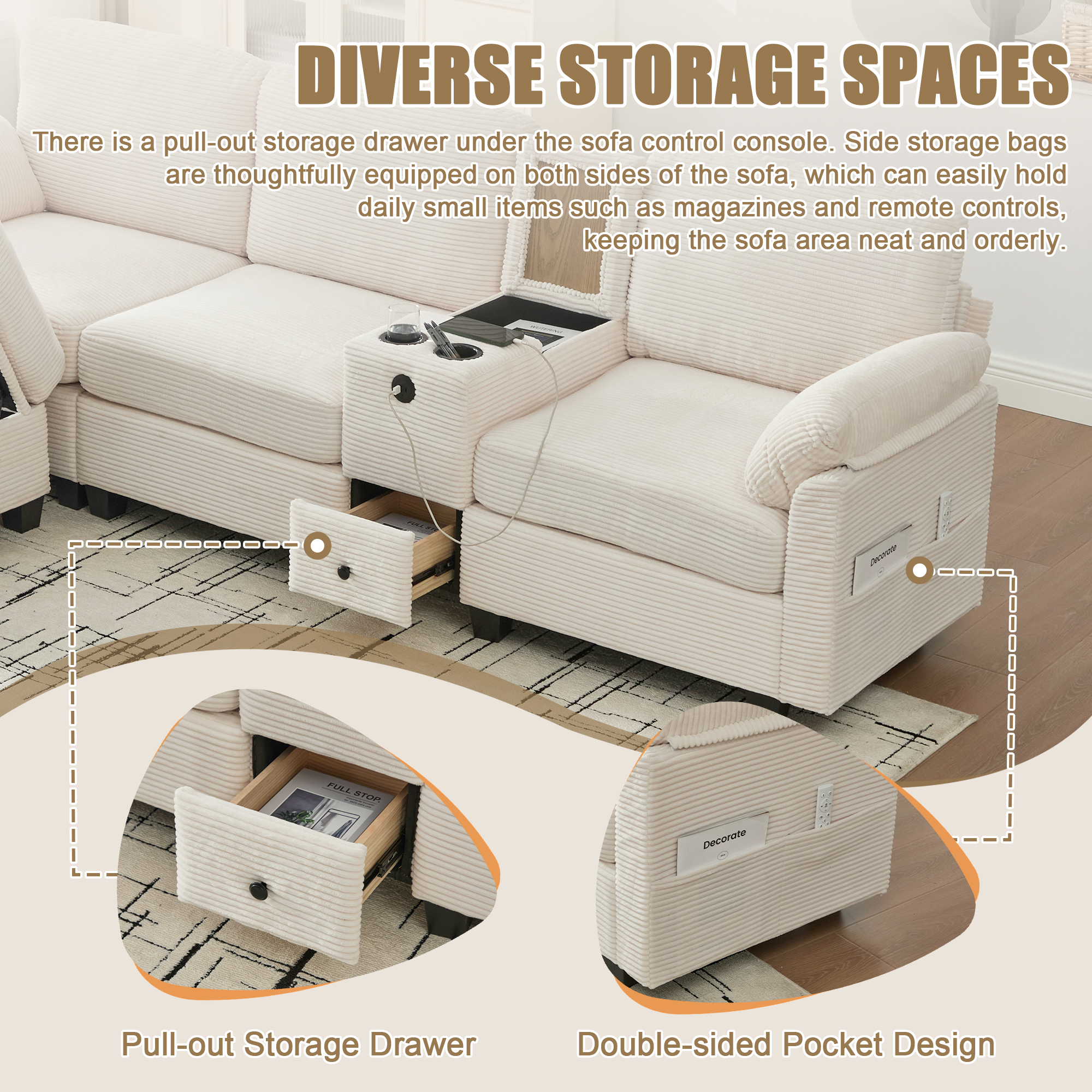 MOONMISS Corduroy Upholstered L-Shaped 4-seater Storage Multifunctional Sectional Sofa with Storage Ottoman-Beige