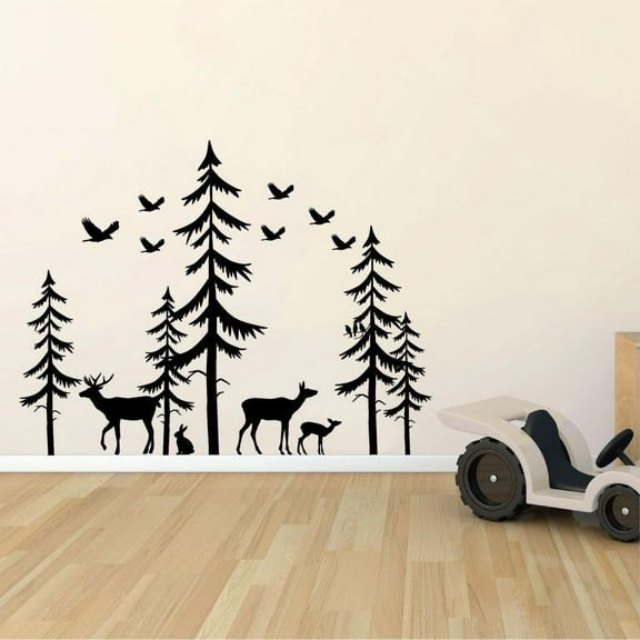 Deers And aindeers Silhouette Tree Leaves And Flying Birds Peaceful Vinyl Wall Art Wall Sticker Wall Decal Decoration For Home Room Kids Room Nursery Room Girls Boys Décor Design Size (30x30 inch)