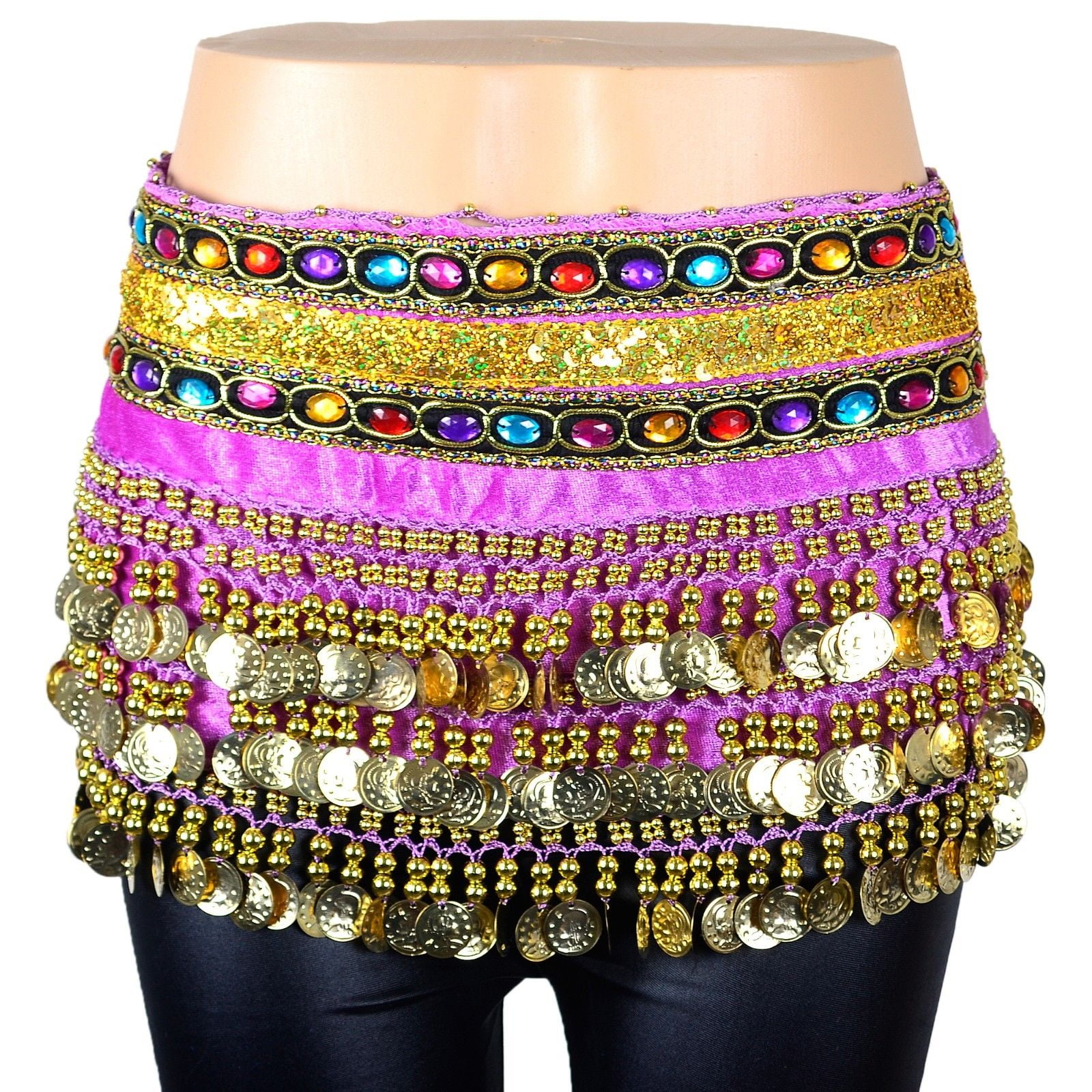 6 PCs Gold Coins Belly Dance Scarf Belt Hip Skirt Velvet Gemstone Sequin Band 