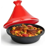 Tagine Moroccan Cast Iron 4 qt Cooker Pot with Recipe Book, Caribbean One-Pot Tajine Cooking, Enameled Ceramic Lid- 500 F Oven Safe Dish w Large Capacity, Cone Shaped Lid, High Quality Cookware Gift