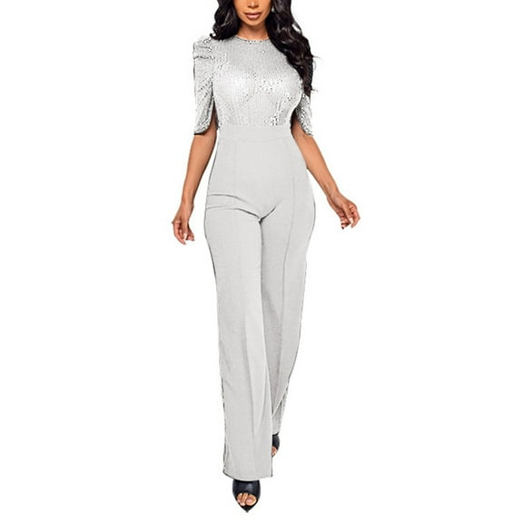 Women Casual Short Sleeve Sequin Spliting Romper Jumpsuit Long Straight Pants Women Pantsuit Womens Jumpsuit for Wedding Guest Eyelet Jumpsuit Wedding Attire for Women Guest Soft Overalls for Women
