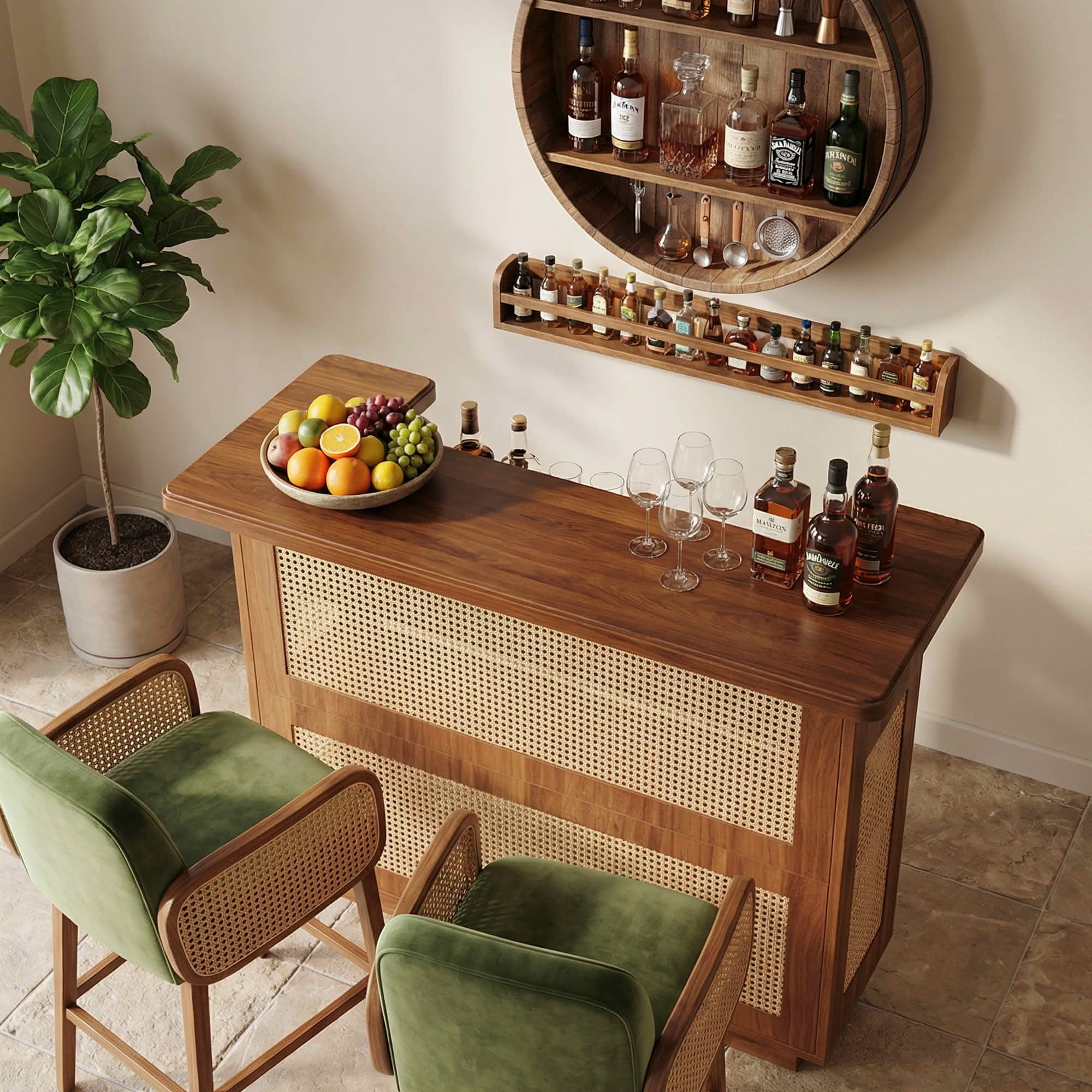 MAYEERTY Rattan Home Bar Unit, 4 Tier Liquor Wine Bar Cabinet with Stemware Racks, Farmhouse Brown Beverage Storage Cabinet for Living Room Basement