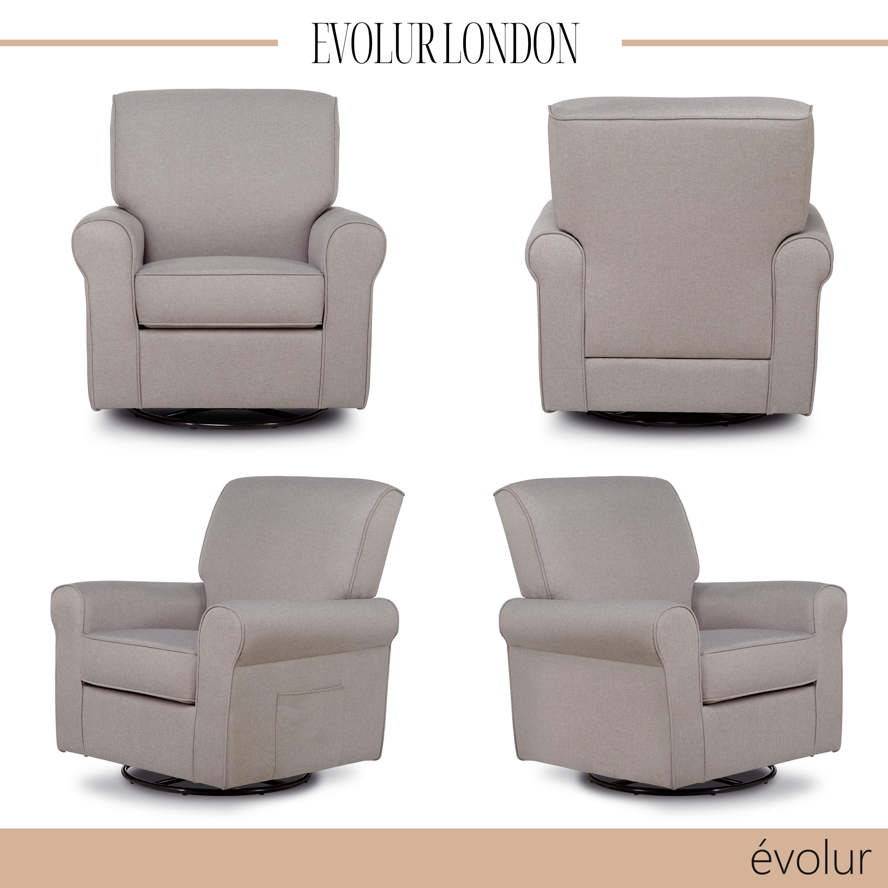 Evolur London Upholstered 360 Swivel l Glider I Rocker I Nursery Glider I Durable Soft Fabric in Fossil Finish
