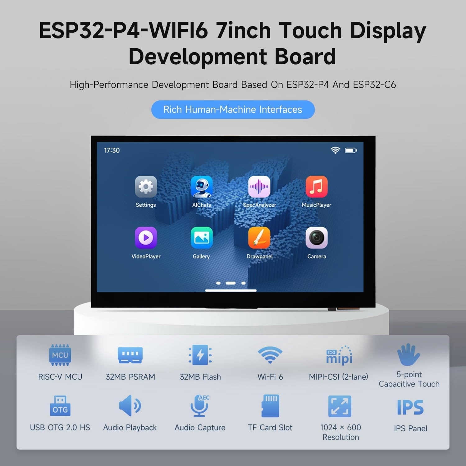 ESP32-P4-WIFI6 7inch 5-Point Touch Display Development Board with OV5647 Camera, Powered by ESP32-P4 and ESP32-C6, 1024 × 600 Resolution, Featuring Wi-Fi 6 and Bluetooth 5 (LE) Support