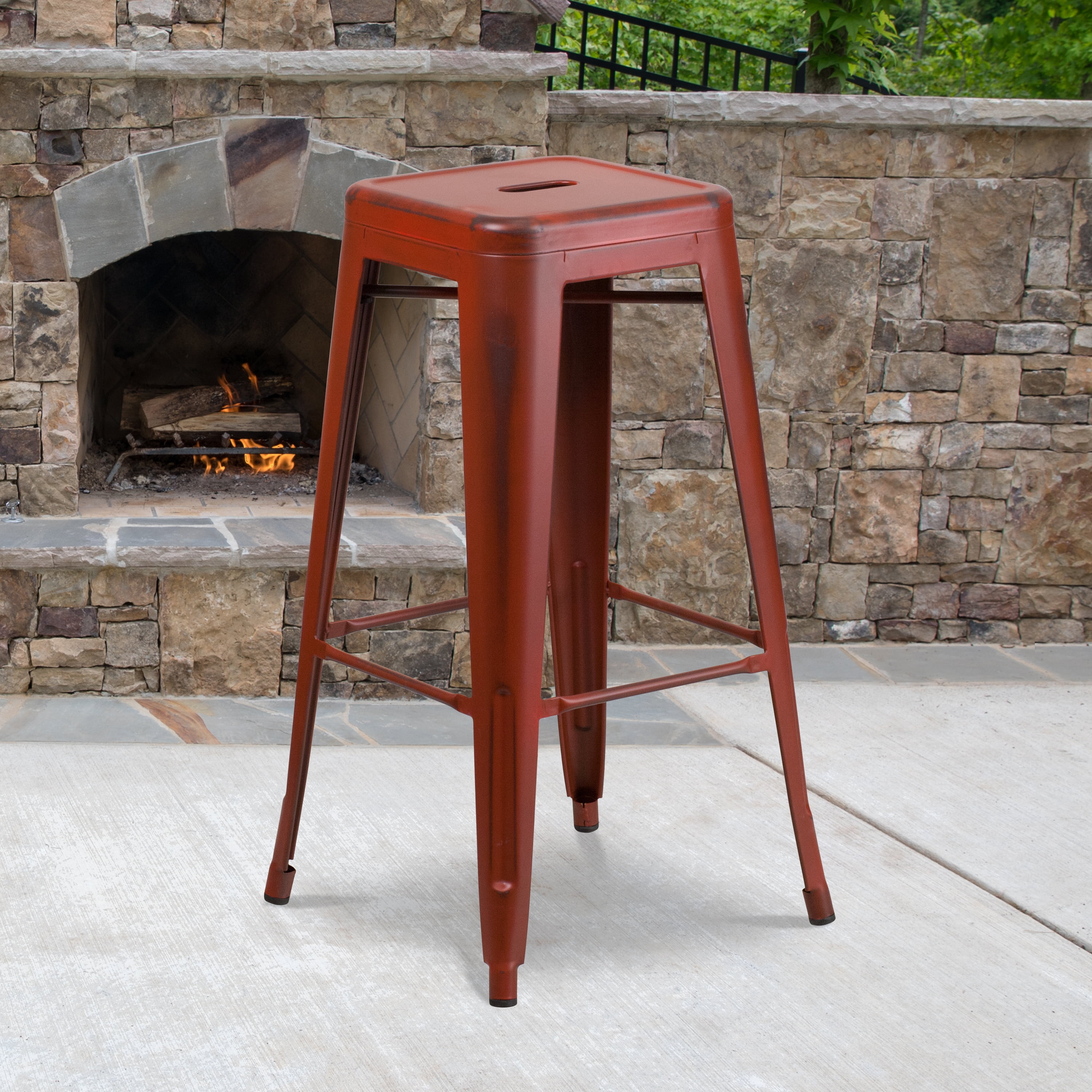 Patio Chair, Distressed Red Metal Bar Stools