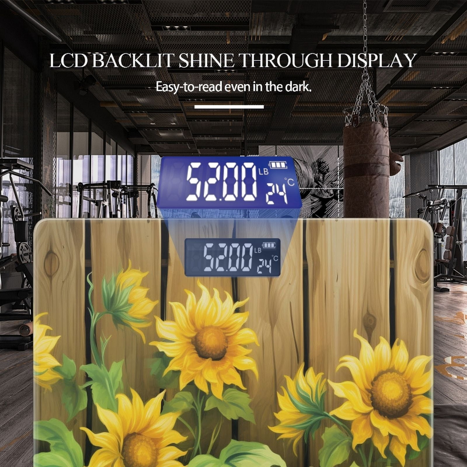 Bathroom Scale, Highly Accurate Digital Body Scale,Precisely Measures Weight up to 400 lbs-Sunflowers In Wooden Fence Background
