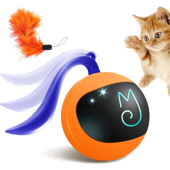 Migipaws Automatic Moving Cat Ball Toy, Multi-Mode Diy Smart Electric Cat Teaser with Detachable Feather, Usb Rechargeable Interactive Kitten Play Toy, Orange