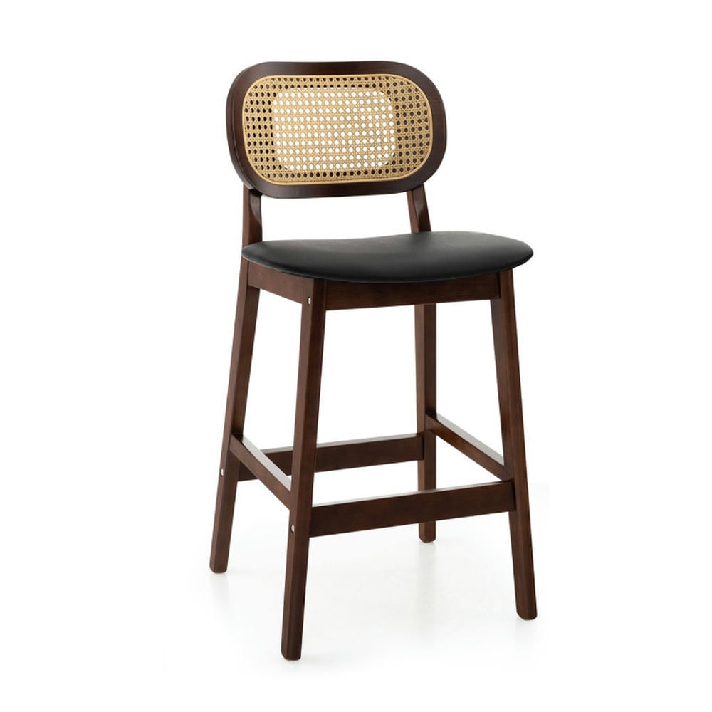 Demi Bonn Wood Bar Stool with PE Rattan Backrest Padded Seat and Footrest, Modern Kitchen Dining Chair, Brown