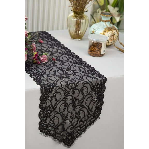 Wedding Linens Inc. 12" x 108" Chantilly Lace Table Runner for Wedding, Events, Décor and Home Decoration use - Black