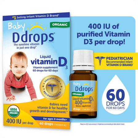 Baby Ddrops Liquid Organic Vitamin D3 Supplement Drops, 400 IU per Drop, 0.06 fl oz