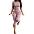 thumbnail image 2 of Holzkary Striped Two Piece Loungewear Set, Crew Neck Short Sleeve Slim Crop Top High Waist Capri Leggings Stretch Matching Outfit, Home Sleepwear Gym Training Clothes Summer Fall Outfits Pink Xxl, 2 of 4