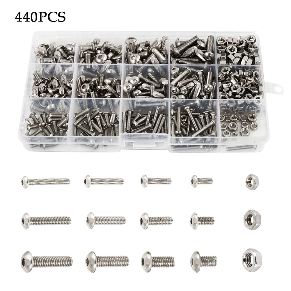 440Pcs M3 304 Stainless Steel Hex Head Socket Cap Screws Nuts Assortment Set Kit 