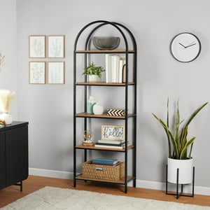 Mainstays 5-Shelf Metal and Wood Arch Bookcase, Warm Walnut
