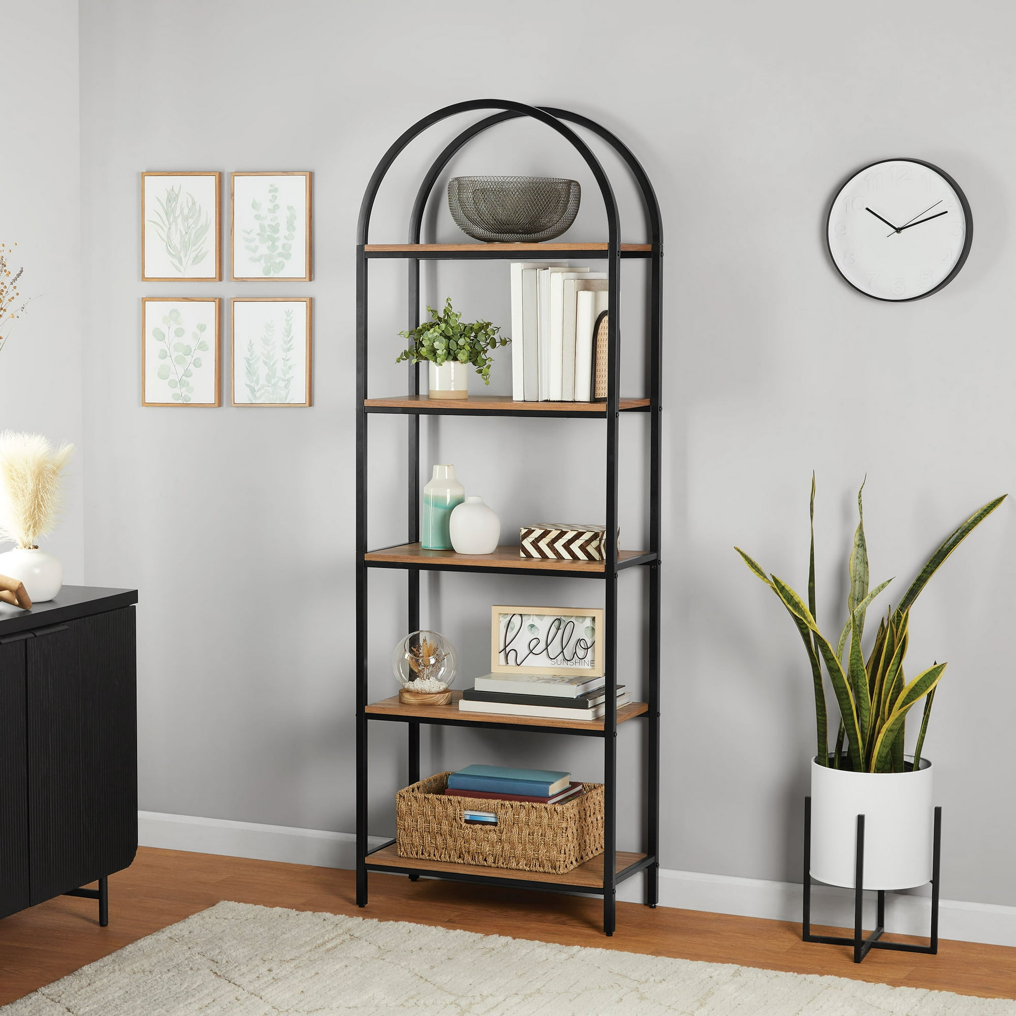 Mainstays 5-Shelf Metal and Wood Arch Open Bookcase, Warm Walnut