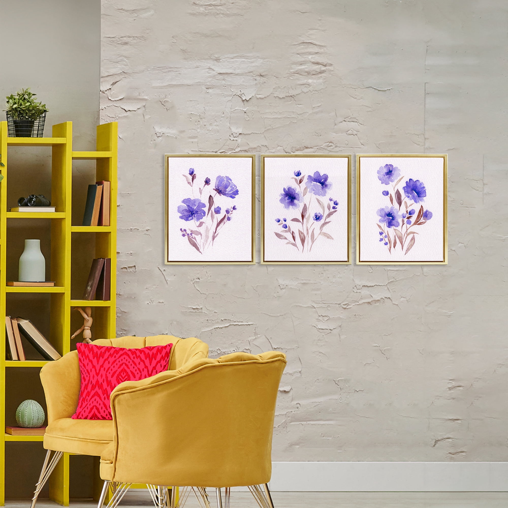 Stupell Industries Watercolor Purple Blooms 3 Piece Gold Framed Floater Canvas Set, design by Leah Noel Art
