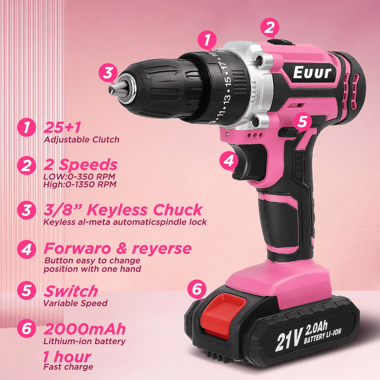 Euur Cordless Drill, 21V Power Drill Set with 2Ah Battery, 3/8"Keyless Chuck, 25+1 Position Electric Drill, 2-Speed Transmission For Screwdriving And Drilling, Pink