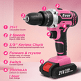 thumbnail image 6 of Euur Cordless Drill, 21V Power Drill Set with 2Ah Battery, 3/8"Keyless Chuck, 25+1 Position Electric Drill, 2-Speed Transmission For Screwdriving And Drilling, Pink, 6 of 6