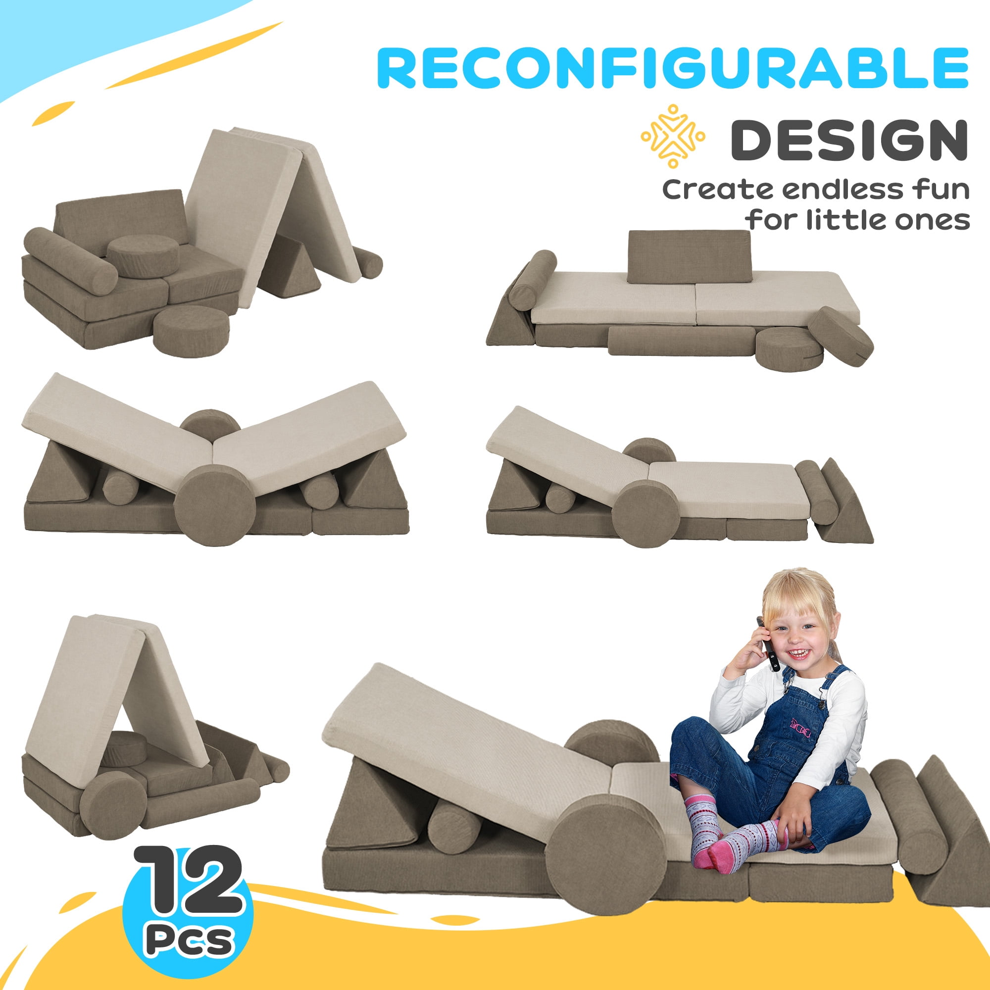 Soft Play Mat Qaba Modular Kids Play Couch, 12 Piece Kids Couch for Playroom Bedroom, Convertible Sofa Lounger for Boys & Girls, Khaki,Toddler Play Mat