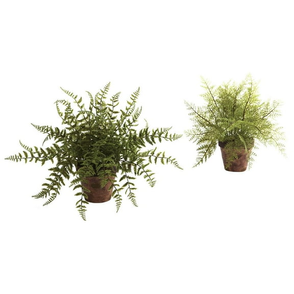 Nearly Natural Plastic 12" Fern Artificial Plant with Decorative Planter (Set of 2), Green