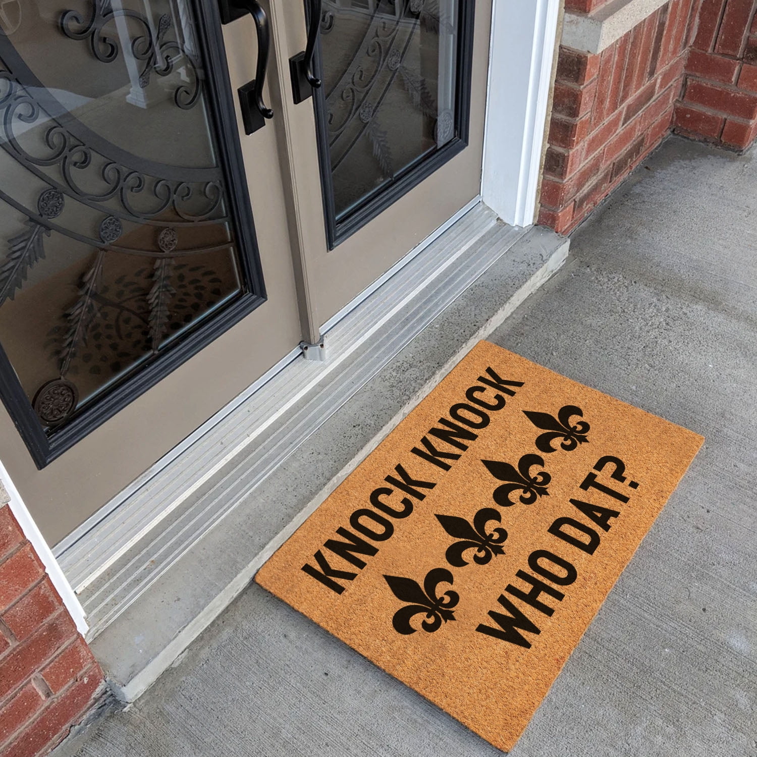 Funny Coir Doormat Knock Knock Who Dat Fleur de lis Welcome Front Porch Decor Doormat For The Entrance Way Indoor & Outdoor Personalized Rugs PVC Backing Non Slip Outdoor Coir Doormat 23.6 x 15.7inch