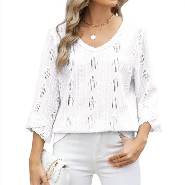 Camiseta de Mujer con Cuello en V, Mangas 3/4 con Volantes y Ojales, Blusa Informal, Estilo Túnica, Tendencia 2025 M