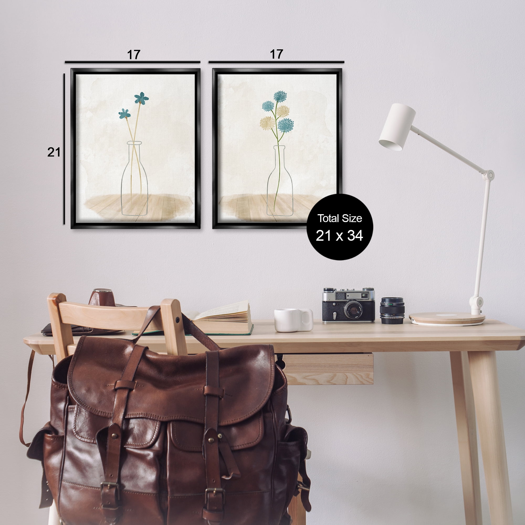 Stupell Industries Simple Flower Sprigs Clear Vase Plants & Flowers Painting Black Floater Framed Canvas Art Print Wall Art, 17 x 21, Set of 2