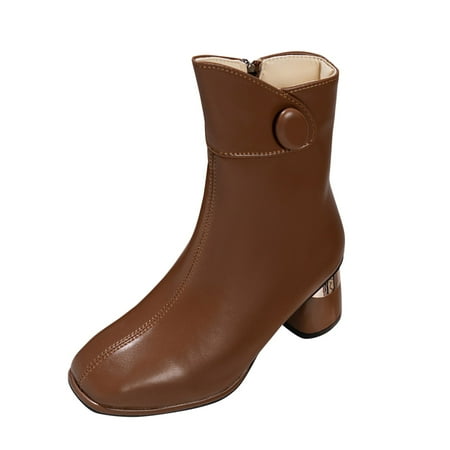 OJSFQUFP Womens Shoes Winter Warm Boots Women s Autumn and Winter Fashion Wind Side Zipper Ankle Boots with Thick Heel Square Leather Boots Shoes Wide Calf Rain Boots for Women Brown 37