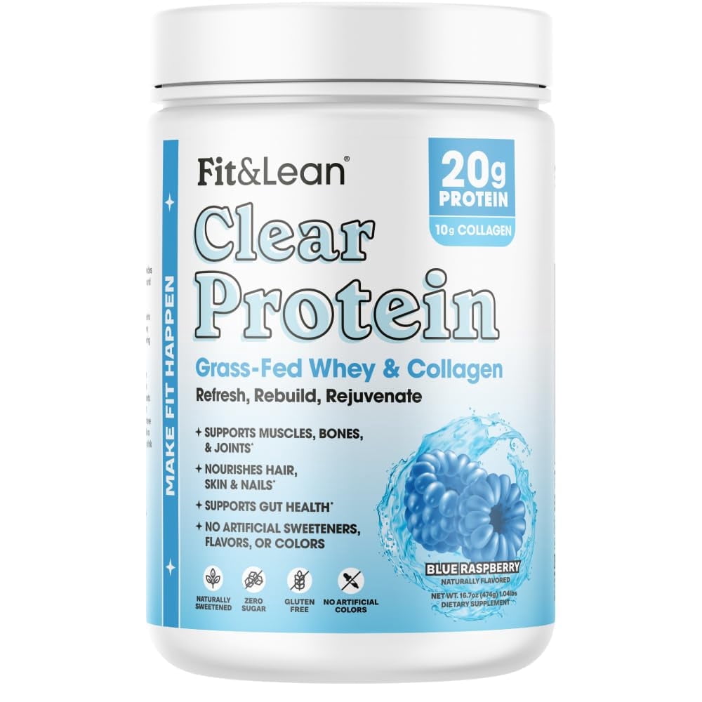 Fit & Lean Clear Protein Powder with Whey Isolate Protein and Collagen, Grass Fed, Muscle Recovery, GLP-1 Support, Blue Raspberry, 20 Servings