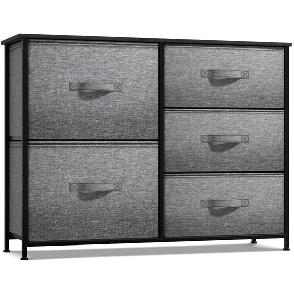 Sorbus 5 Drawer Dresser Storage Chest with Steel Frame, Wood Top, Fabric Bins, Black