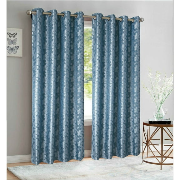 Set of 2 Jolene Jacquard Curtain Panels with Grommets, 63" Long, Smoke Blue