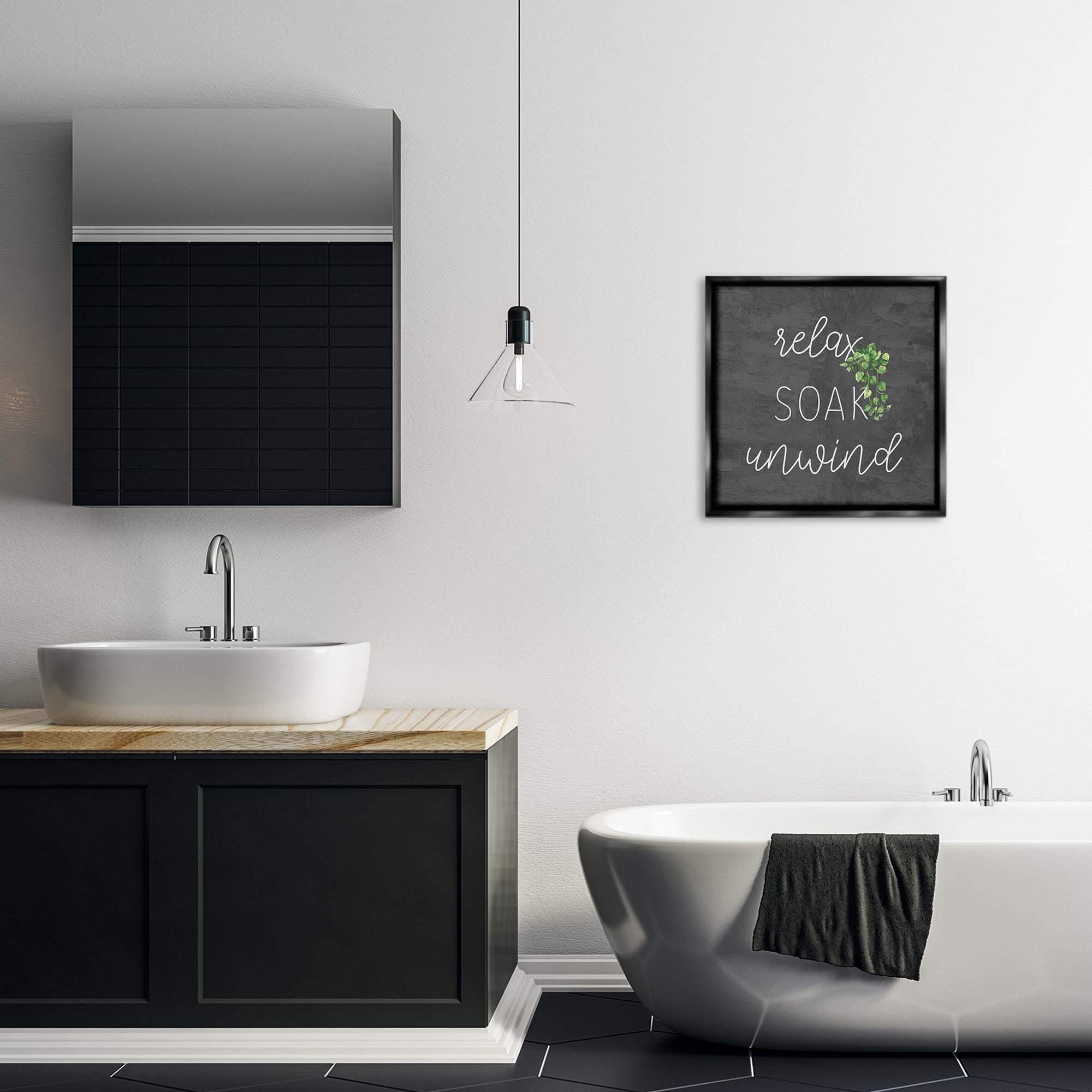 Stupell Industries Relax Unwind with Botanicals Bath & Laundry Painting Black Floater Framed Canvas Art Print Wall Art, 18 x 18