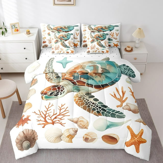 YST Watercolor Sea Turtle Bed in a Bag 7pcs Starfish Seashell Bedding Set, Full Size