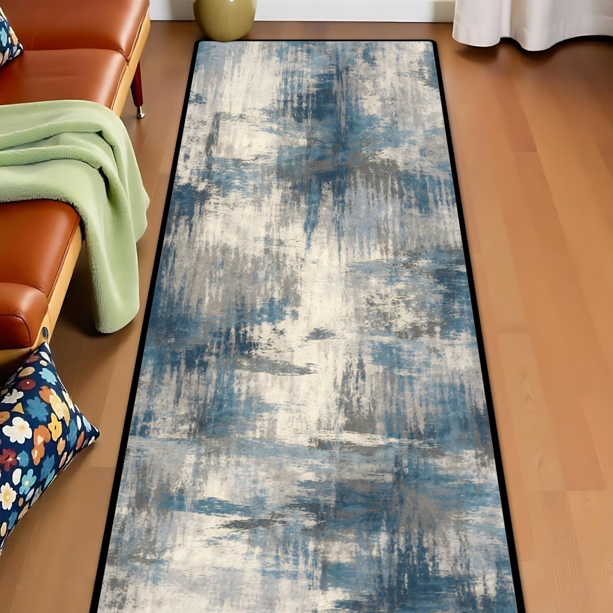Blue Grey Abstract Brushstroke Hallway Runner Rug, 60x18 Inches Modern Textured Long Floor Mat, Non-Slip Washable Contemporary Art Rug for Entryway Kitchen