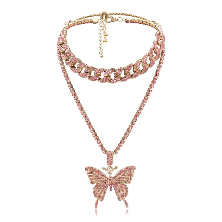 Butterfly Bling Pendant & 12mm 16" 18" Full Iced Baguette Choker Chain Necklace