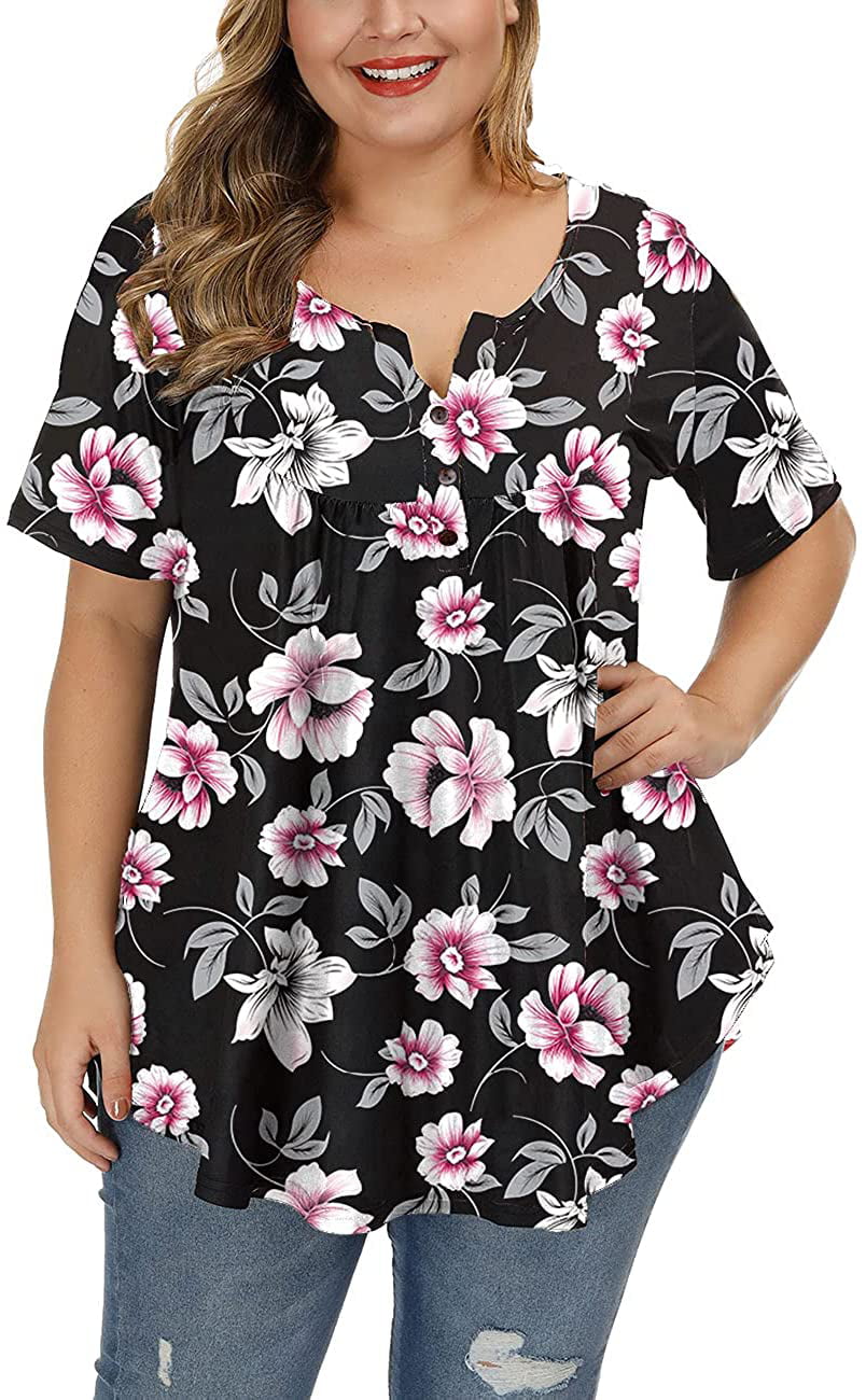 Allegrace Womens Plus Size Floral Printing Short Ruffle Sleeve Top Casual T Shirts 