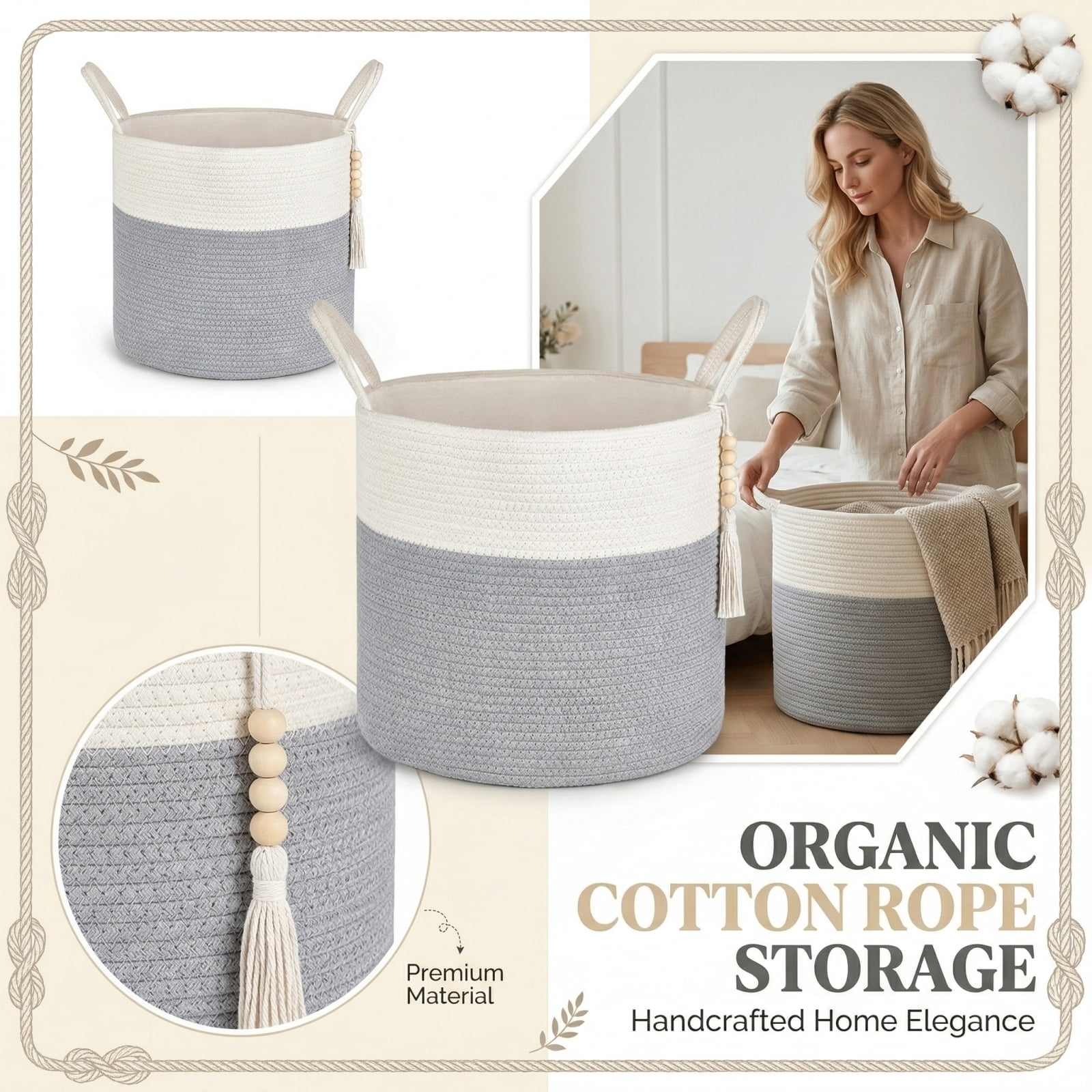 Cotton Rope Woven Laundry Basket, Dirty Clothes Storage Hamper, Decorative Straw Weaving Organizer Bin, Household Storage for Living Room and Bedroom