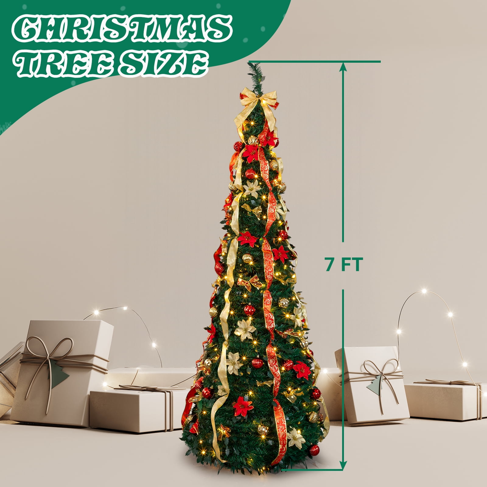 7 FT Fully Decorated Pre-lit Christmas Tree, Pop Up Artificial Xmas Tree with 200 Warm Lights Remote Control and Red & Golden Ornaments for Home Office Store Holiday Decor