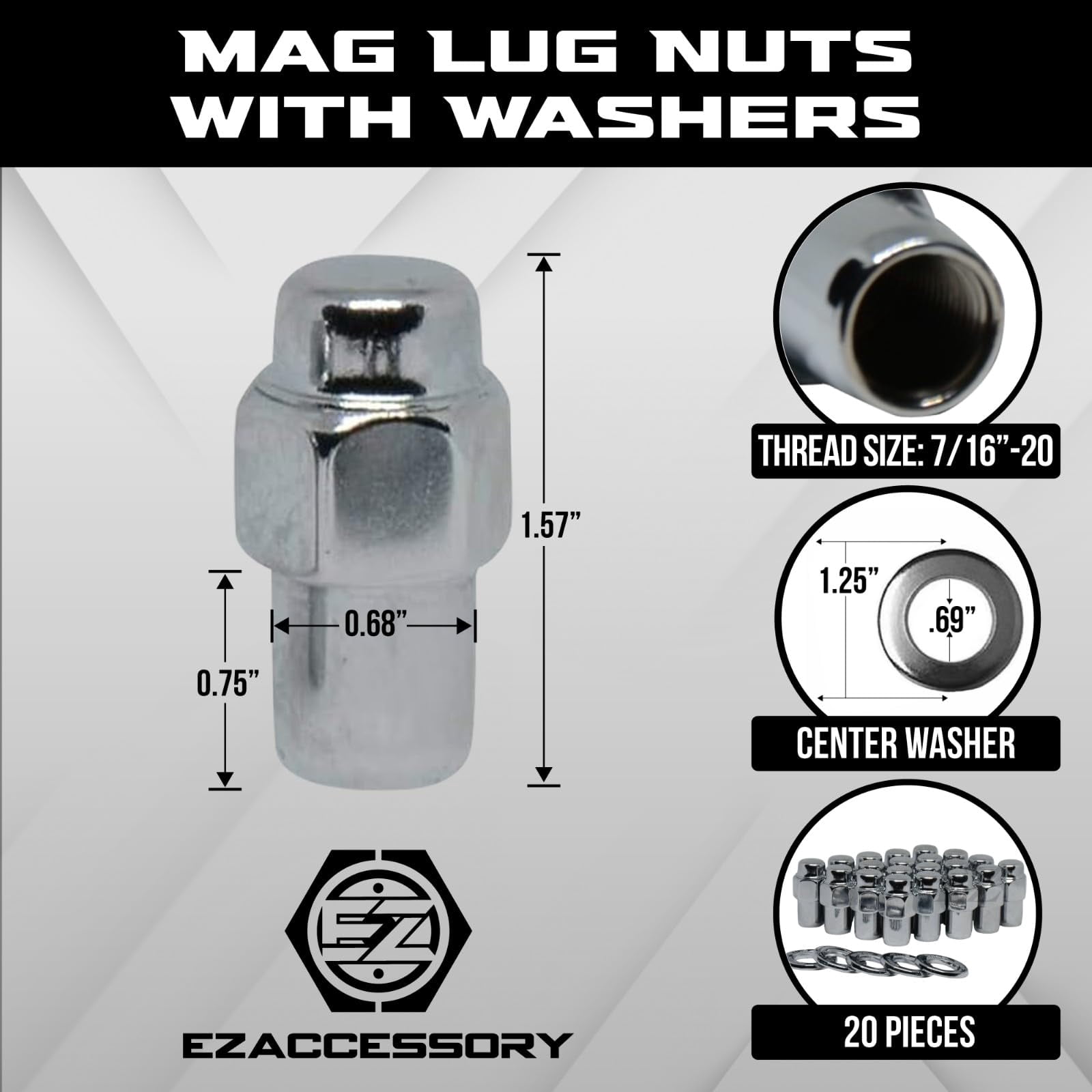 20 Cragar Standard Mag Lug Nuts 7/16"-20 with Center Washer 0.76" Shank 0.68" Diameter 1.57" Length