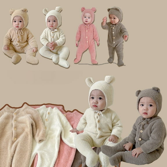 Mgmyaa Unisex Baby Solid Color Long Sleeve Hooded Mink Velvet Jumpsuit for Infants Ages 3-24 Months