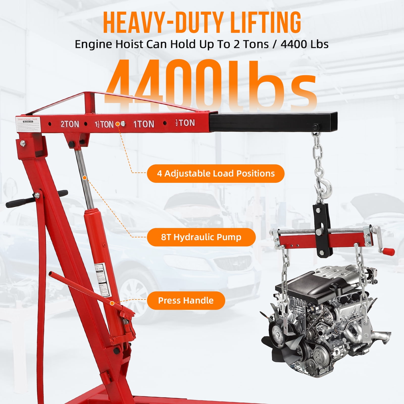 Towallmark Folding Engine Hoist, Cherry Picker with Lever and 6 Casters,Heavy Duty Hydraulic Shop Crane, 2 Ton Max, Red