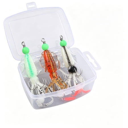 3-Piece Boxed 3Colors Luminous Squid jig Lure Set Realistic Soft Bait with Double-Layer Stainless Steel Umbrella Hooks Suitable for Night Fishing and Saltwater Fishing 4.28in/0.31oz