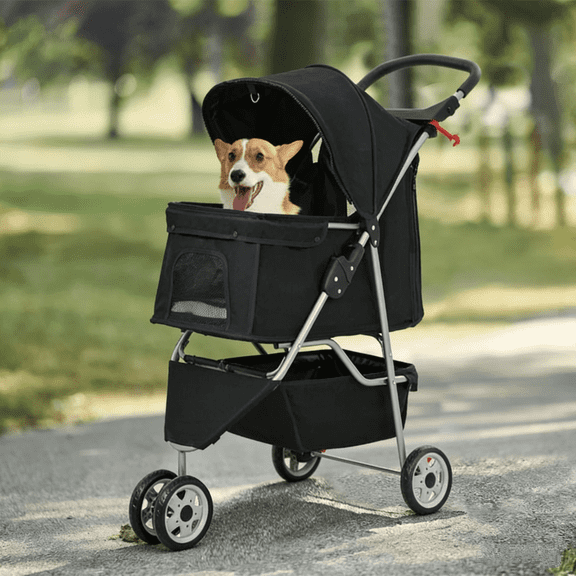 BORGEBY 3-Wheel Pet Stroller,Small and Medium Dog Cat Foldable Stroller with Storage Basket Cup Holder for Daily Walks & Outdoor Use(Black)