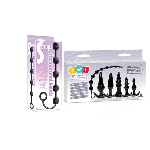 Sex toy couples kit of S Drops Silicone Anal Beads, Black And Icon Brands Try-Curious Anal Plug 6 Piece Kit Black