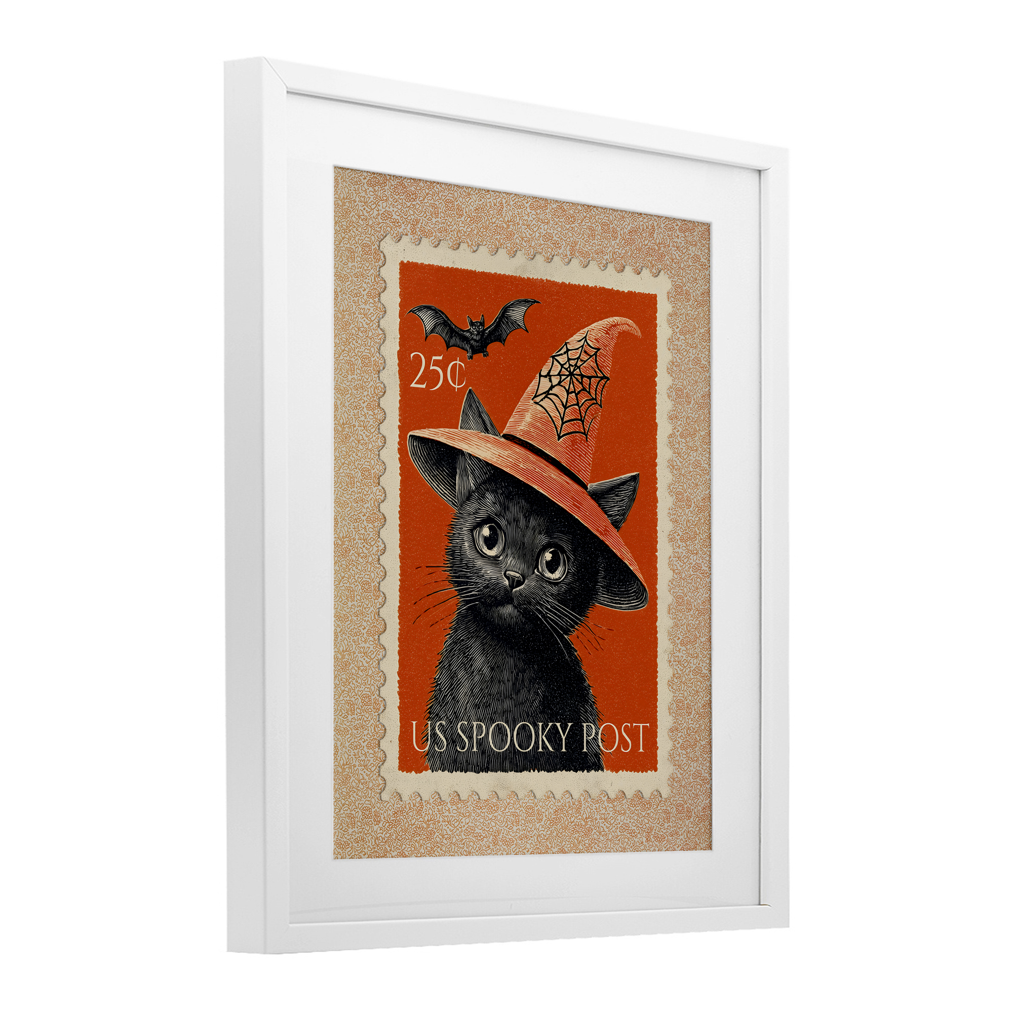 Vintage Black Cat Stamp White Framed Print Under Glass, design by Arlington Prints